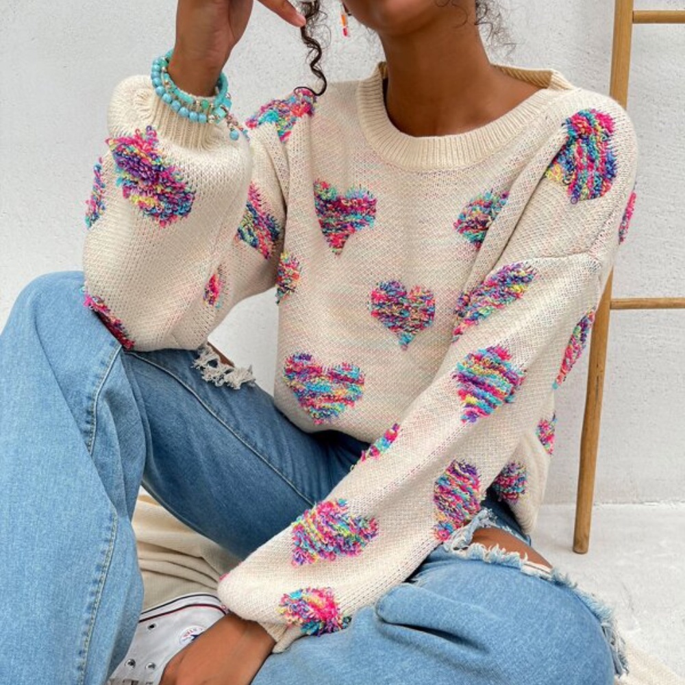 Cream Hearts Print Oversized Knit Sweater Top - Picture 1 of 6